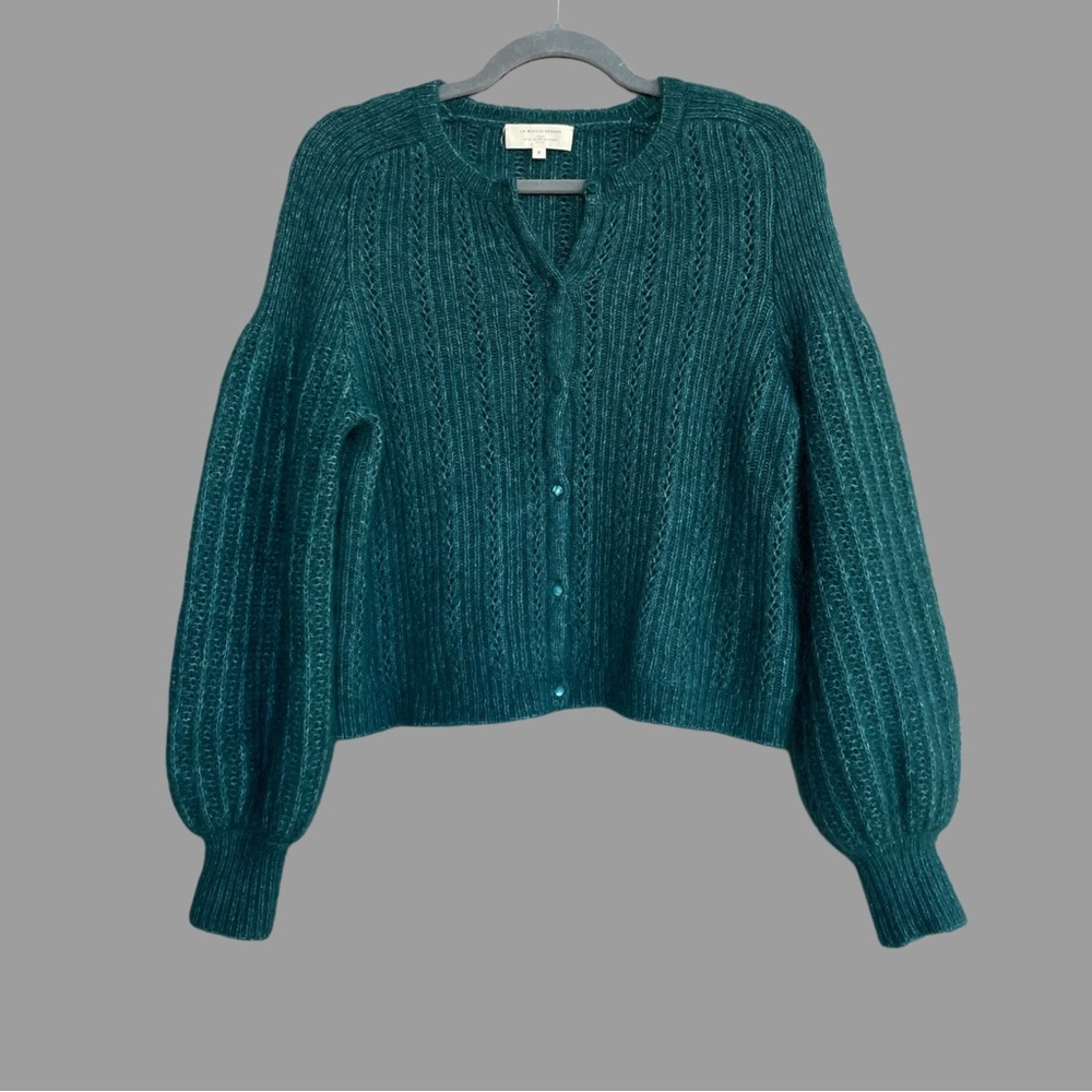 SEZANE Emerald Teal Green Mohair Wool Balloon Sleeve Alyssa Cardigan Sweater - Picture 3 of 13